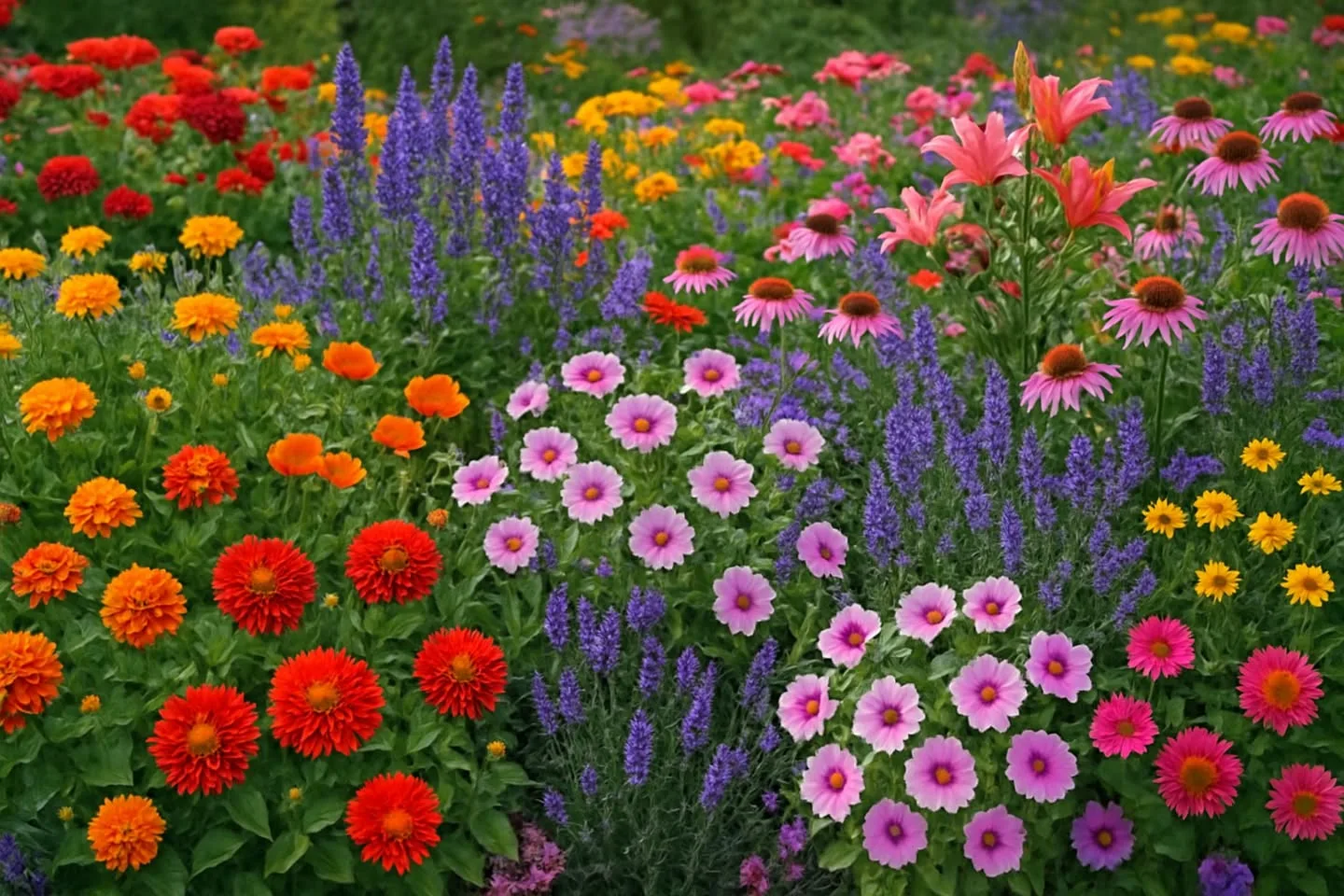 A dense garden of many-colored flowers growing together: red and orange zinnias, purple lavender spikes, pink cosmos, pink coneflowers, coral lilies and yellow daisies.
