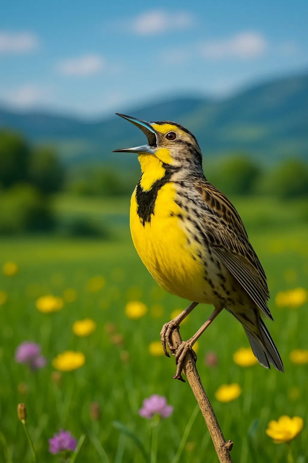 A meadowlark with a bright yellow breast and black V-shaped bib sings with its beak open, perched on a twig above a green meadow of yellow and purple wildflowers.