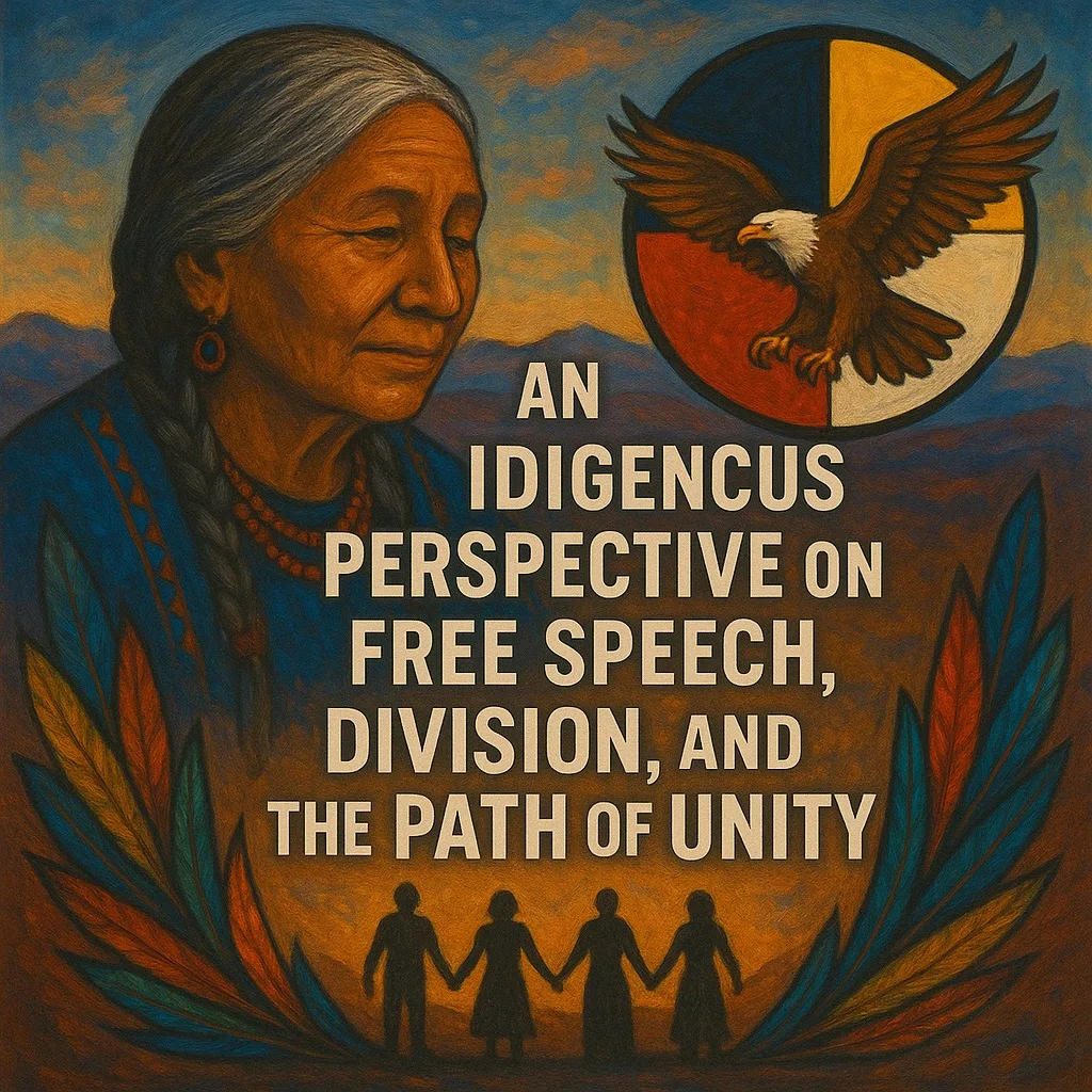 Painting of an Indigenous grandmother with a long gray braid beside a medicine wheel with an eagle, feathers, and silhouettes holding hands, titled "An Indigenous Perspective on Free Speech, Division, and the Path of Unity."