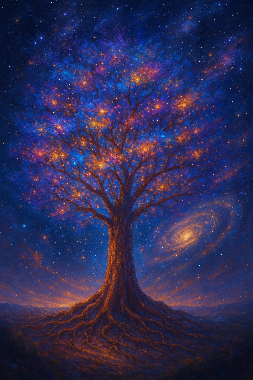 A painting of a great tree with glowing roots spreading over a hill, its branches filled with blue, purple and orange light against a starry night sky with a spiral galaxy.