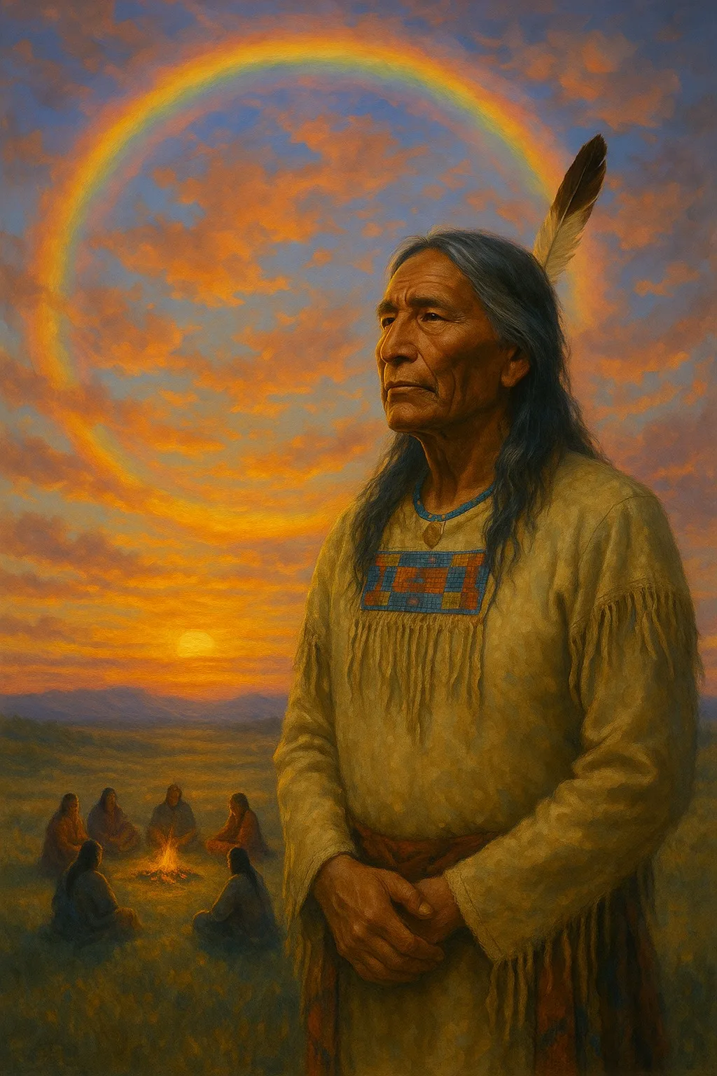 Painting of an Indigenous elder with long dark hair and an eagle feather, wearing a fringed buckskin shirt, standing before a sunset sky with a circular rainbow as people sit around a fire behind him.