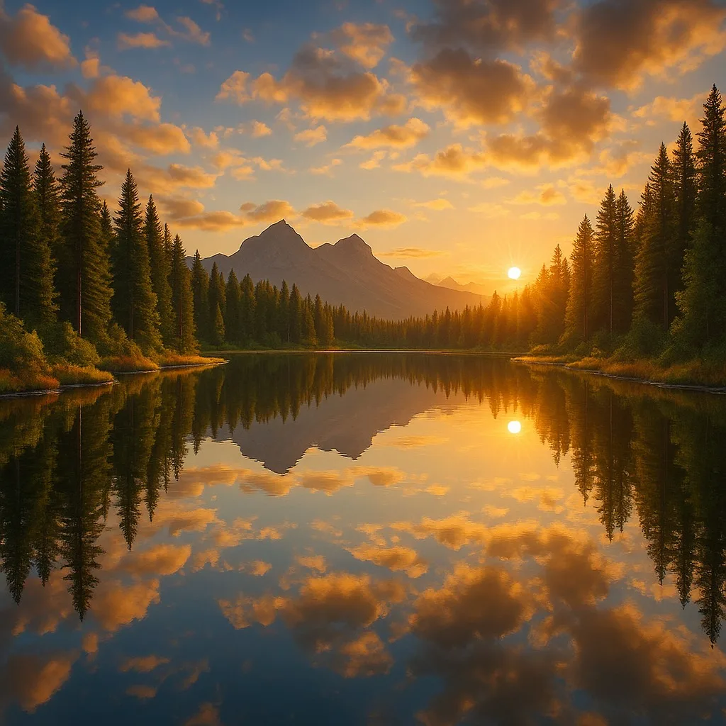 A still lake at sunset mirrors golden clouds, tall evergreen forests and a rugged mountain peak, with the sun glowing low on the horizon.