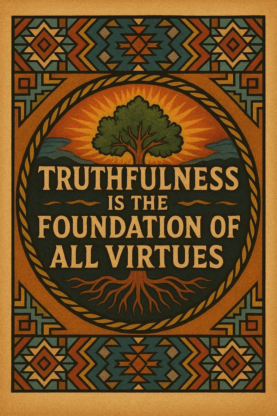 Poster with Indigenous geometric borders framing a circle where a green tree stands before a rising sun, its roots spreading below the words "Truthfulness is the foundation of all virtues."