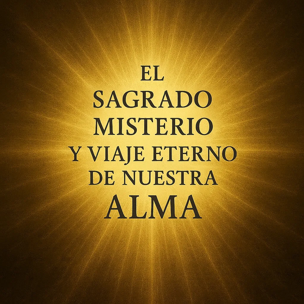 Texto en letras oscuras sobre un fondo dorado con rayos de luz que irradian desde el centro: «El sagrado misterio y viaje eterno de nuestra alma».