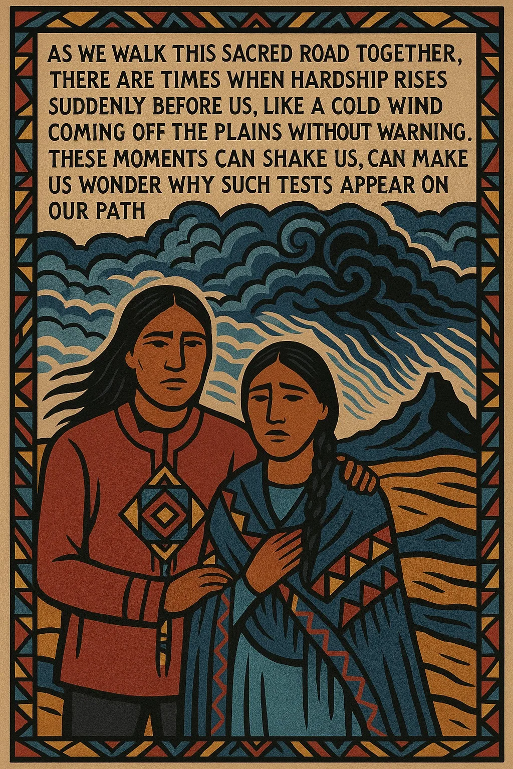 Illustration in Indigenous-inspired style: a long-haired man in a red shirt rests a comforting hand on the shoulder of a sorrowful woman in a blue shawl, swirling storm clouds over the plains behind them. Text speaks of hardship rising like a cold wind on our sacred road.