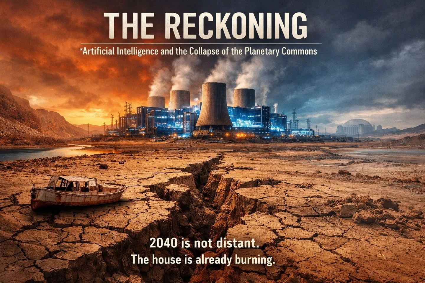 Poster titled "The Reckoning" showing a rusted boat on cracked, dry lakebed before a smoking power plant with cooling towers under a fiery sky. Text: "2040 is not distant. The house is already burning."