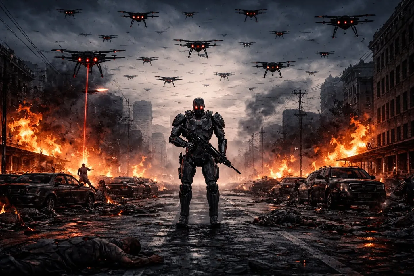Digital artwork of an armored robot soldier with glowing red eyes holding a rifle on a burning city street, bodies and wrecked cars around it, as a swarm of red-lit drones fills the dark sky.