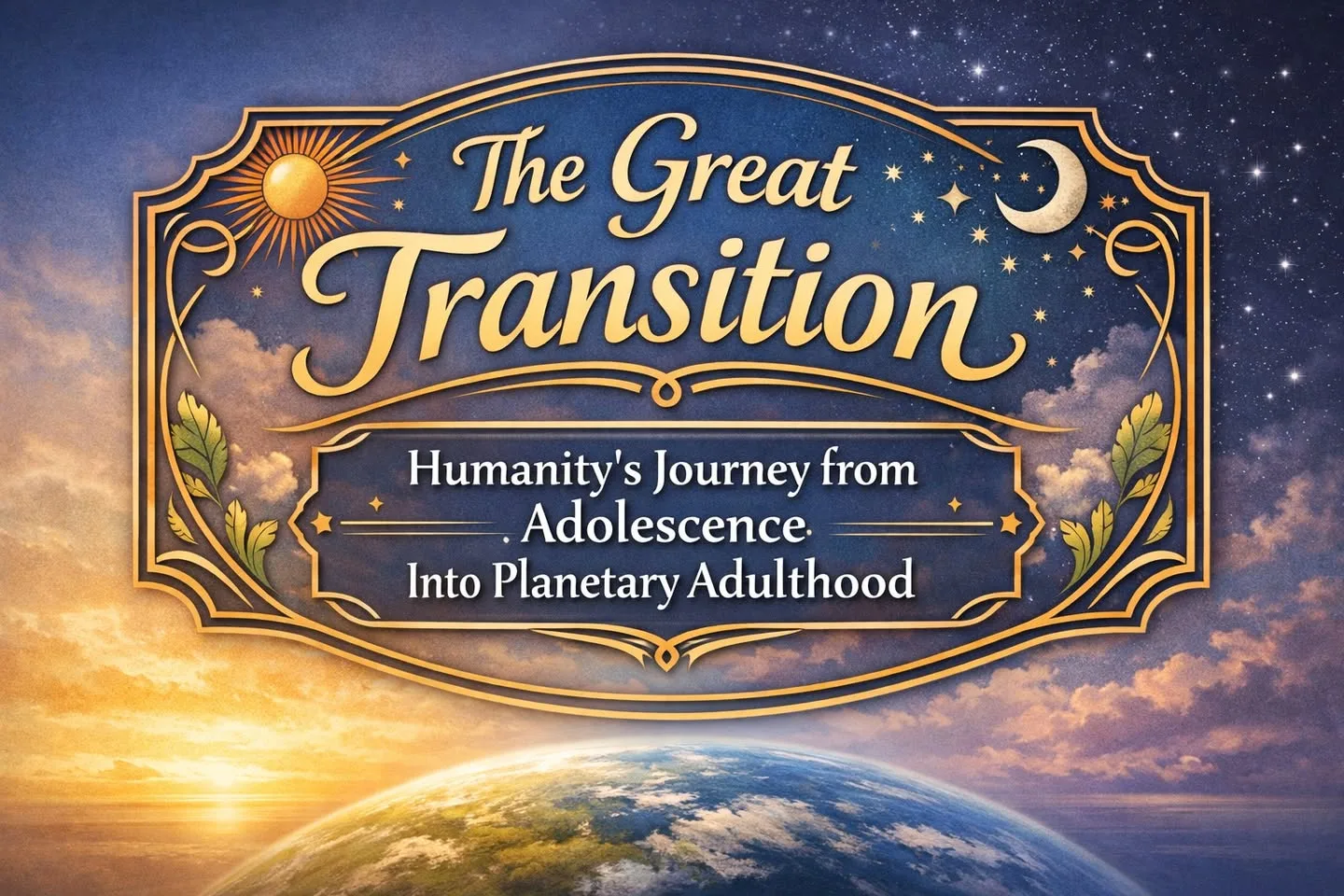 Ornate golden sign reading "The Great Transition: Humanity's Journey from Adolescence Into Planetary Adulthood," set against a starry sky with sun, moon and Earth below.