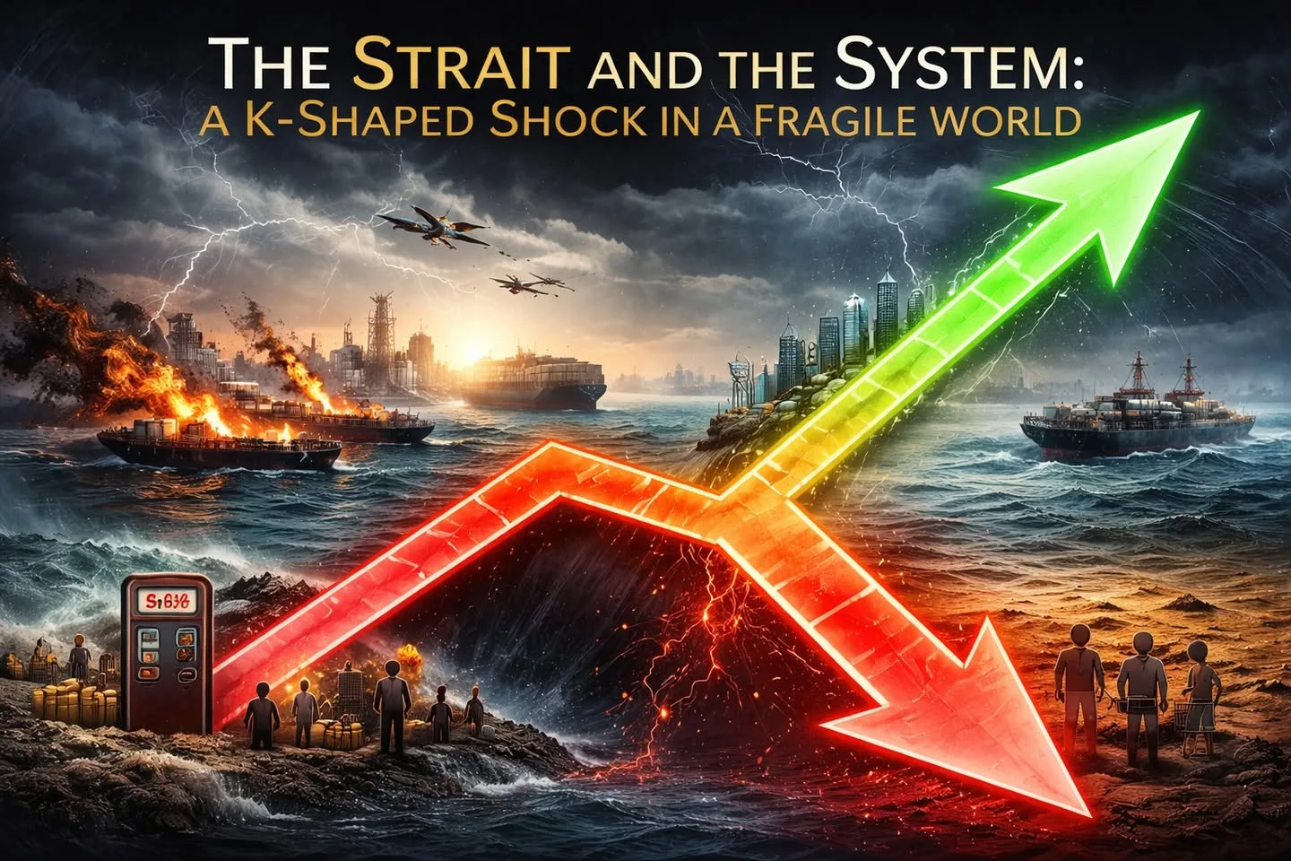 Illustration titled "The Strait and the System: A K-Shaped Shock in a Fragile World," showing a stormy sea with burning ships, a green arrow rising toward city towers and a red arrow falling toward people by a fuel pump.