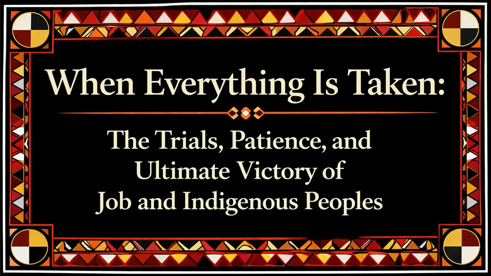 Title card reading "When Everything Is Taken: The Trials, Patience, and Ultimate Victory of Job and Indigenous Peoples" in cream text on black, framed by a red, orange and yellow geometric border with medicine wheels in the corners.