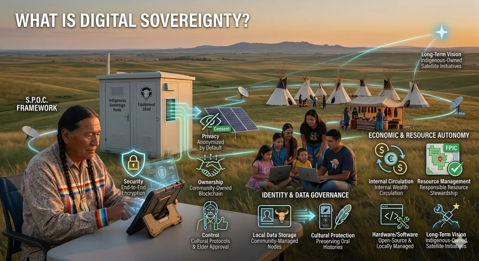 Infographic titled "What Is Digital Sovereignty?" showing an elder using a tablet on the prairie near a Sovereign Node shed, families on laptops and tipis, with icons for security, privacy, ownership, control, data and resource autonomy.