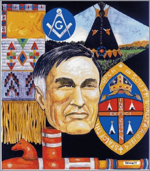 Painted portrait of a gray-haired Dakota man surrounded by a Masonic emblem, a black tipi on the prairie, beadwork with fringe, a carved pipe, and an Episcopal Church in South Dakota seal dated 1884.