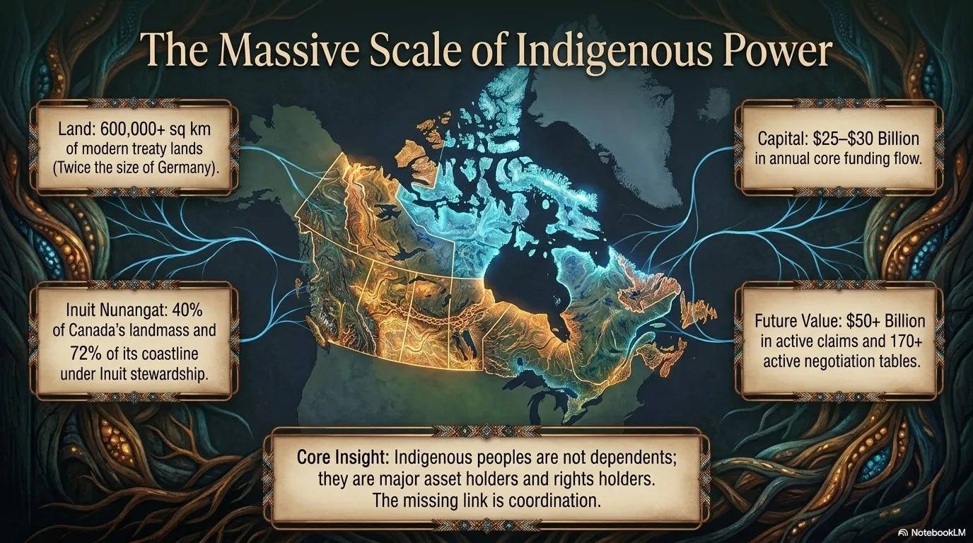 Infographic titled "The Massive Scale of Indigenous Power" with a glowing map of Canada, citing 600,000+ sq km of treaty lands, Inuit Nunangat's 40% of land, $25–30B funding, $50B+ claims.