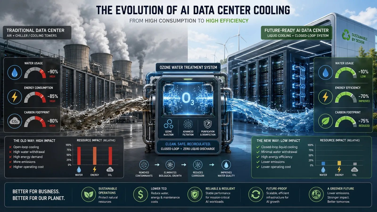 Infographic titled "The Evolution of AI Data Center Cooling" contrasting a smoky traditional data center with high water, energy and carbon use against a liquid-cooled, closed-loop center with ozone water treatment and far lower impact.