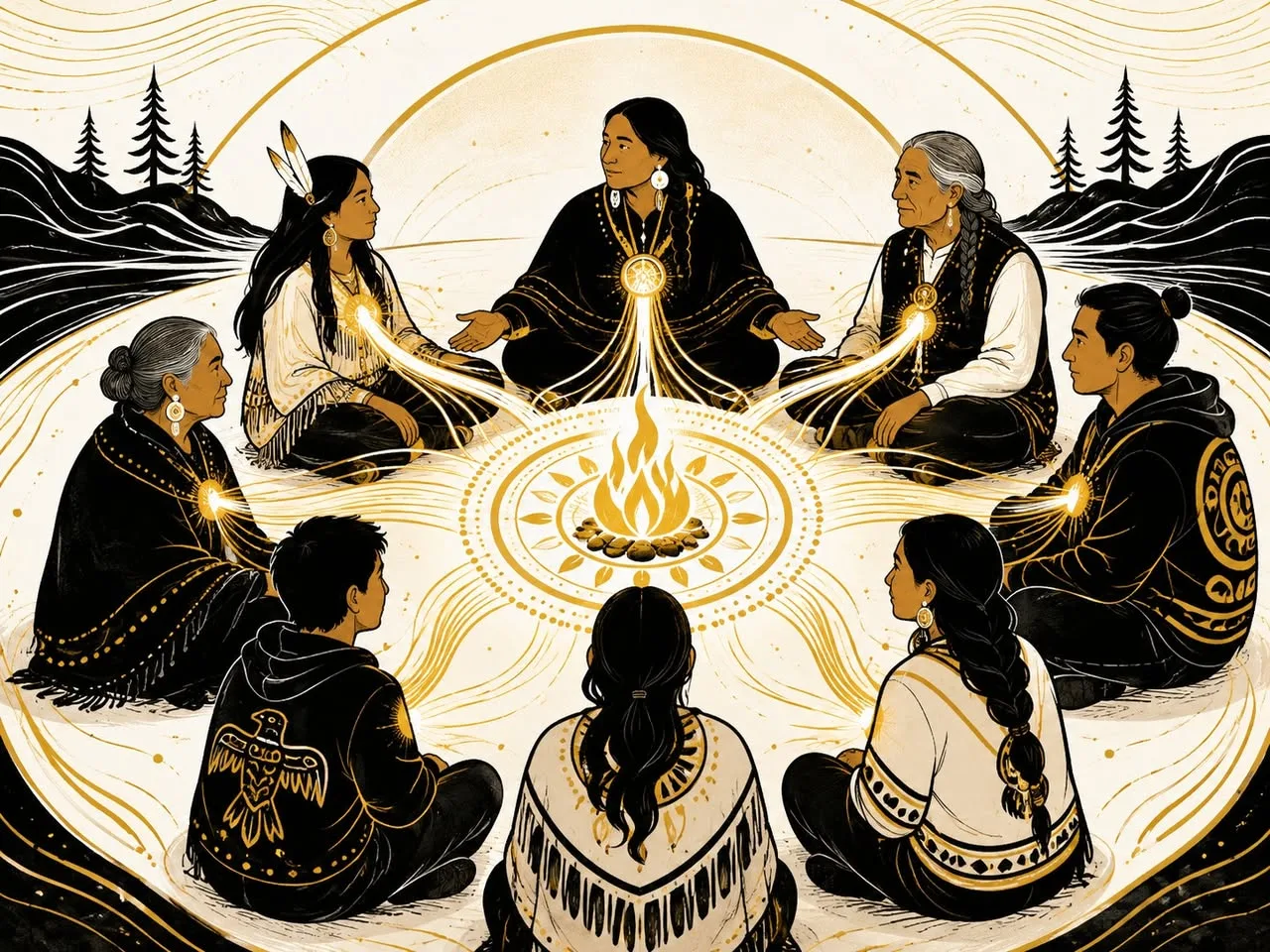 Illustration in black, cream and gold of Indigenous people of many ages seated in a circle around a sacred fire, golden light flowing from each person's heart toward the flame.