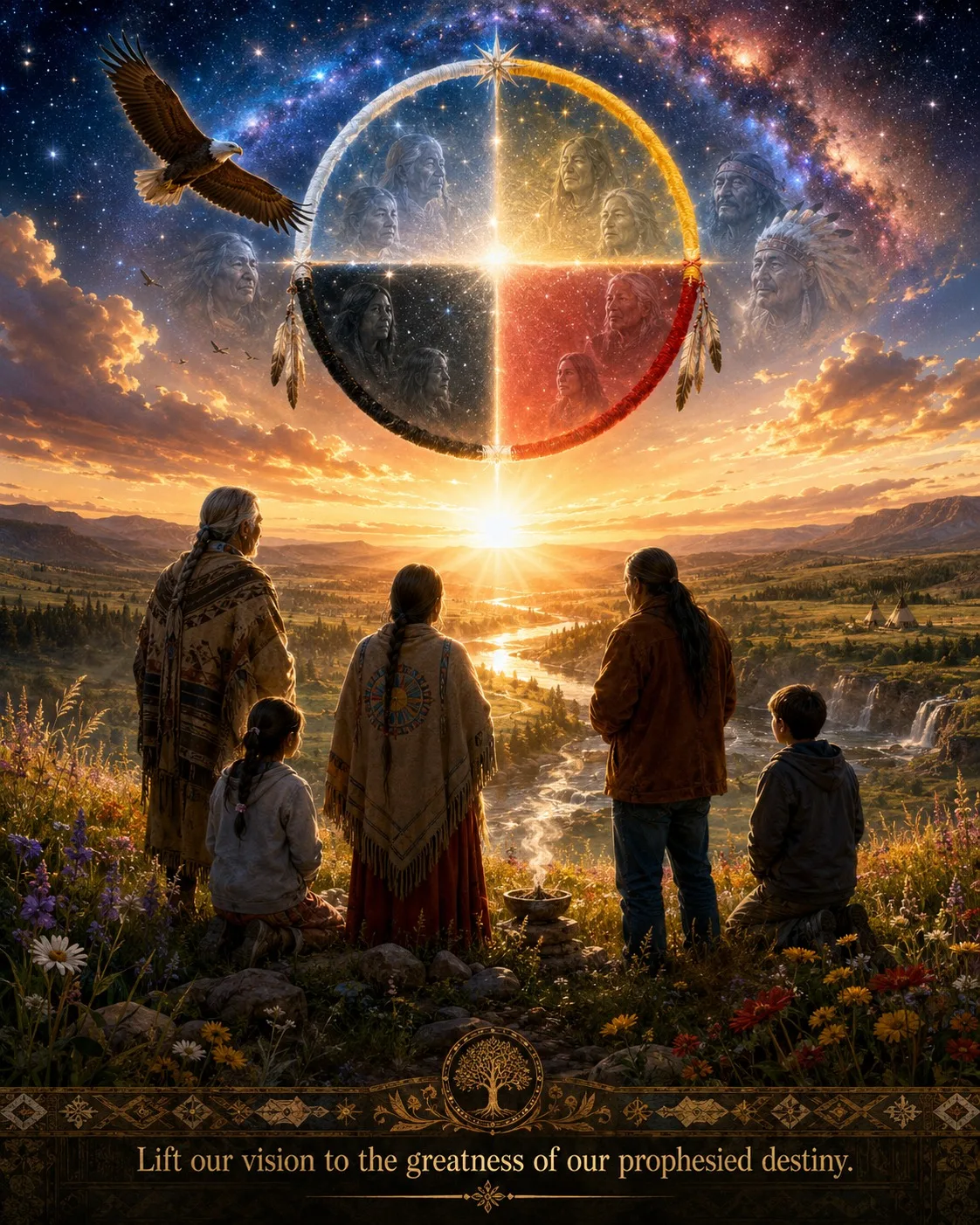 Painting of an Indigenous family on a flowered hillside watching a sunrise over a river valley, beneath a medicine wheel in the starry sky holding faces of ancestors, with an eagle in flight. Caption: "Lift our vision to the greatness of our prophesied destiny."