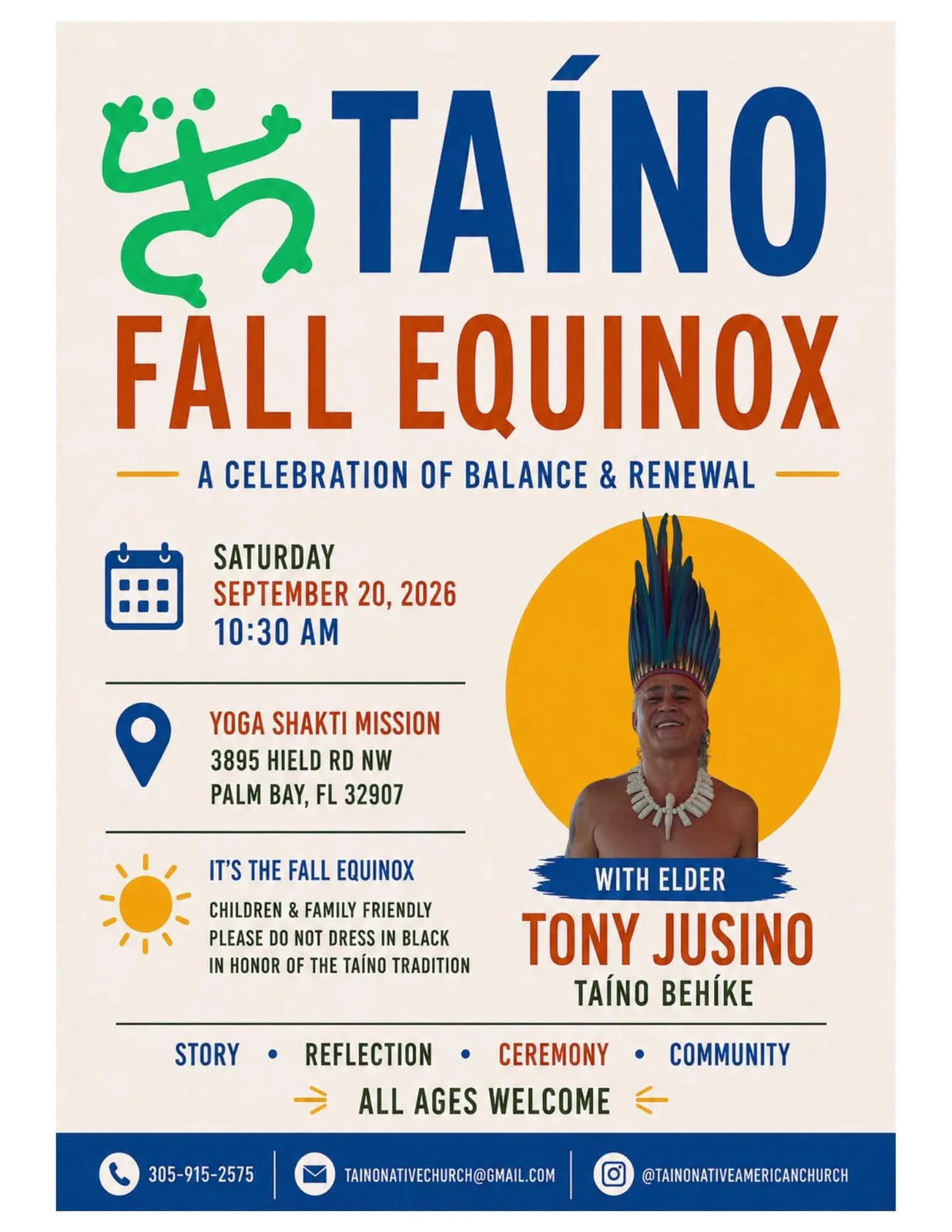 Flyer for a Taíno Fall Equinox celebration of balance and renewal with Elder Tony Jusino, Taíno Behíke, shown in a feather headdress. Saturday, September 20, 2026, 10:30 AM, Yoga Shakti Mission, Palm Bay, FL.