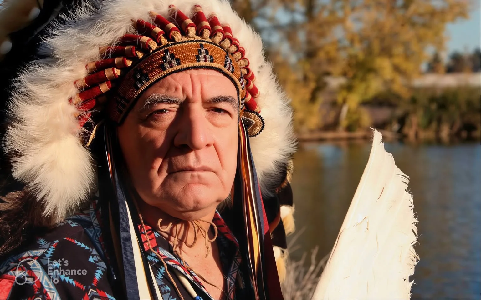An elder in a white feathered headdress with a beaded band and red-wrapped quills, wearing a patterned shirt and holding a white feather, beside a river with autumn trees.